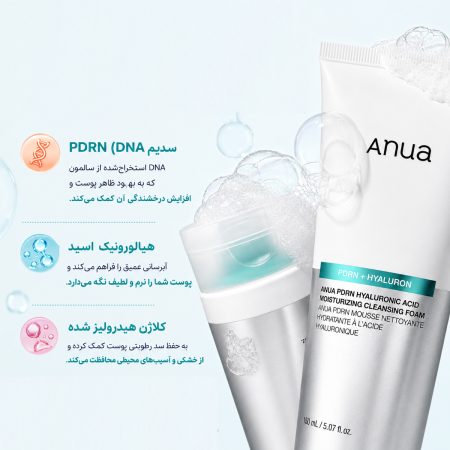 فوم شستشو و مرطوب کننده هیالورونیک اسید PDRN آنوا 13 ترکیبات فوم شستشو و مرطوب کننده هیالورونیک اسید PDRN آنوا
